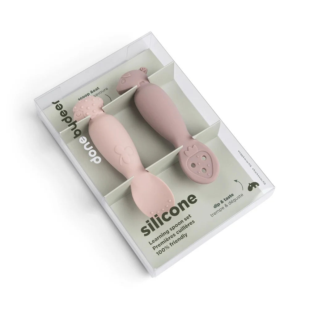 Done by Deer - Tiny Farm - 2'li Silikon Alıştırma ve Püre Kaşık Seti - Pembe