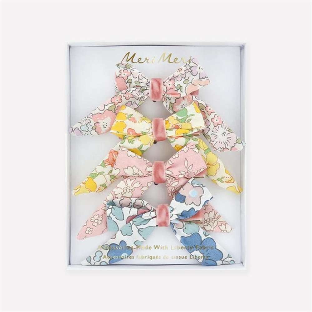 Meri Meri - Floral Pattern Bow Hair Clips - Çiçek Desenli Fiyonklu Saç Tokaları - 4 adet