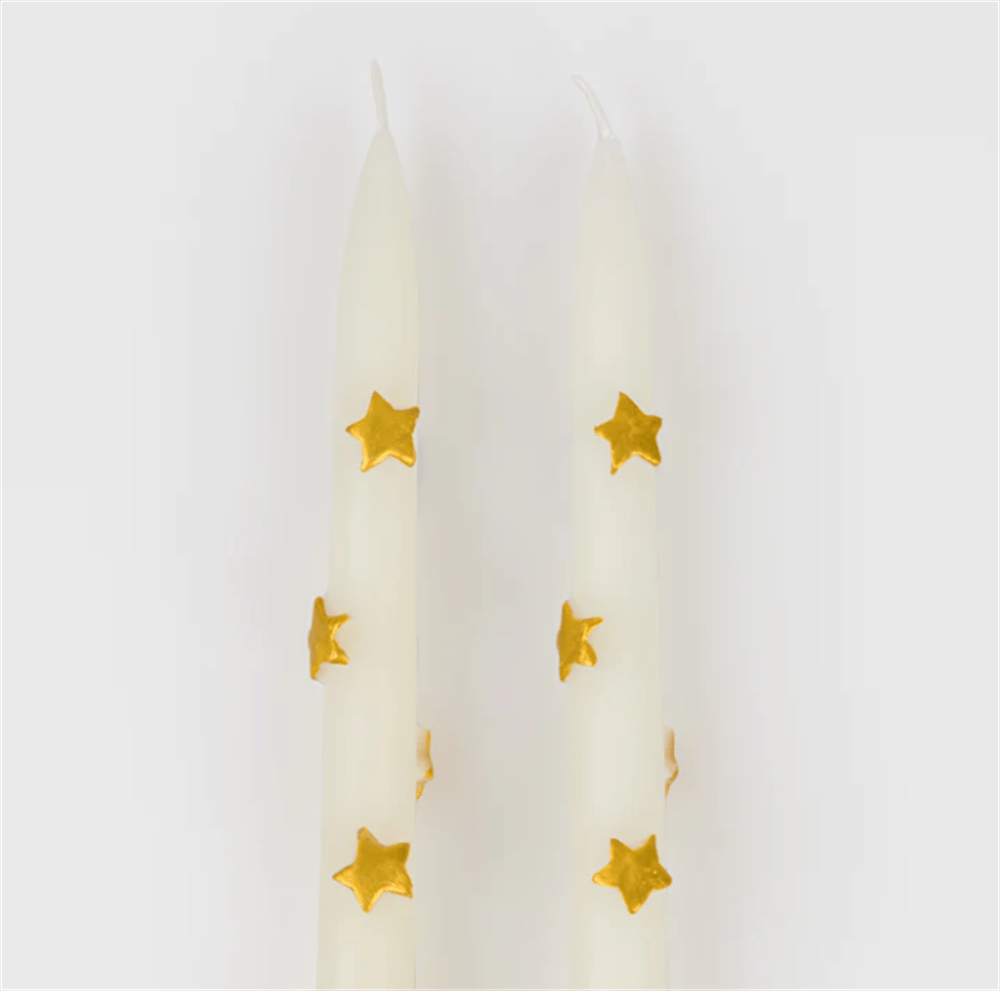 Meri Meri Gold Star Taper Candle - Altın Yıldız Detaylı Mumlar (2'li)